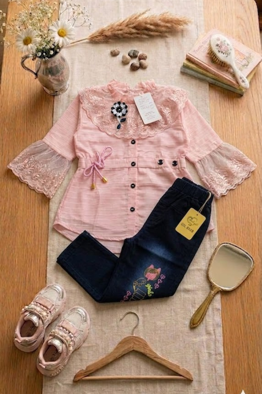 Pink Lace Tunic with Denim Pant