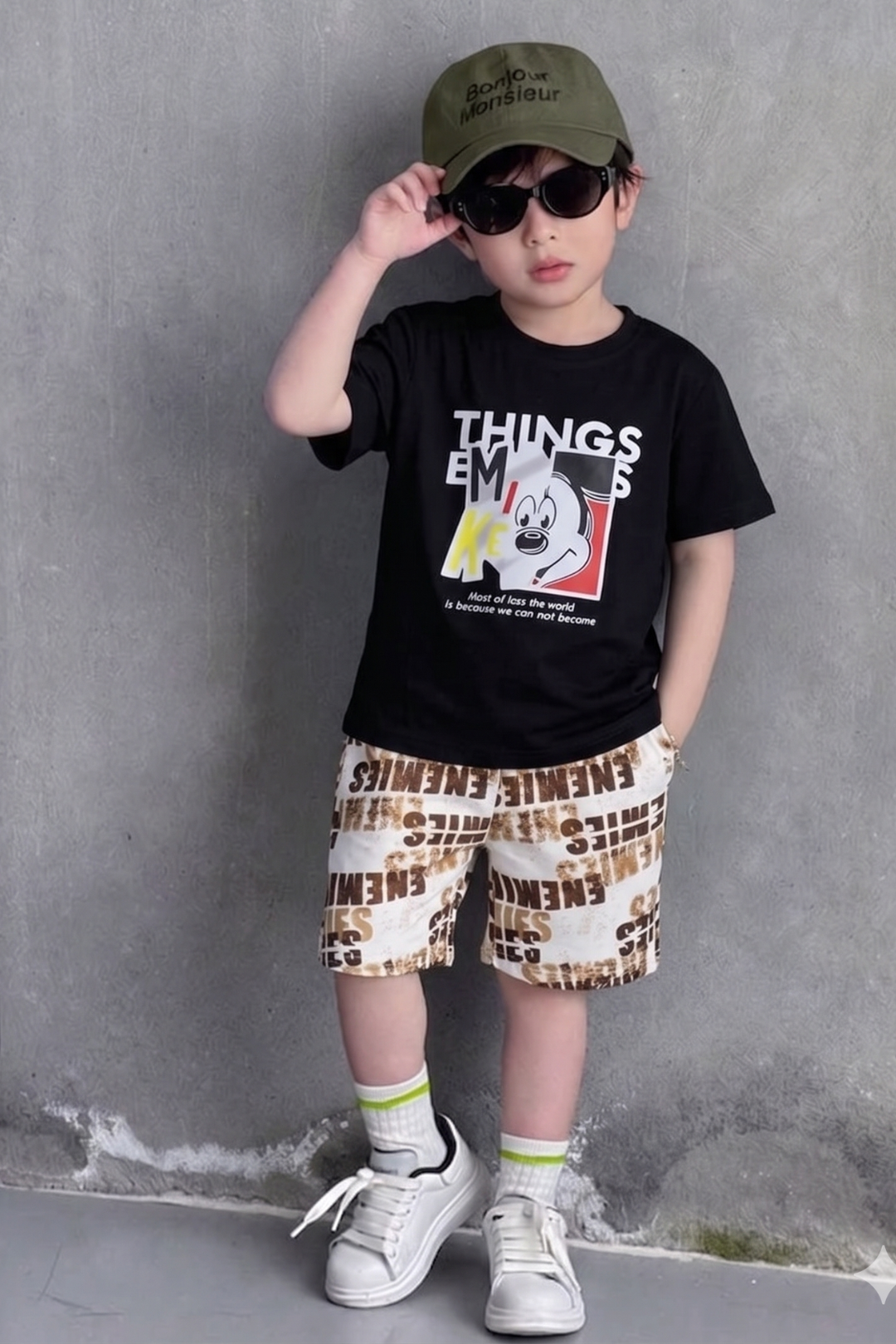 Black Graphic Tee & Printed Shorts