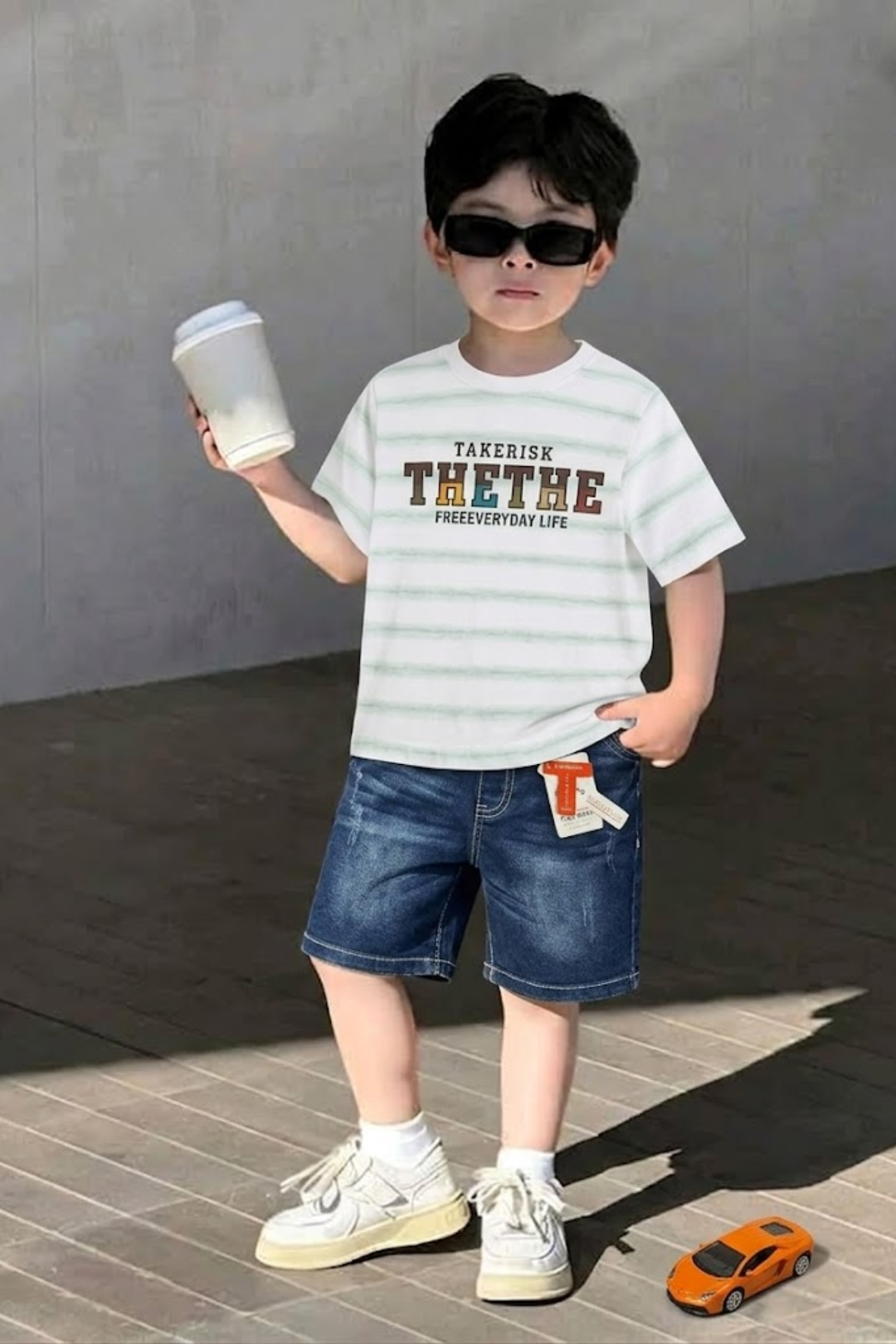Green Tee with Blue Denim Shorts