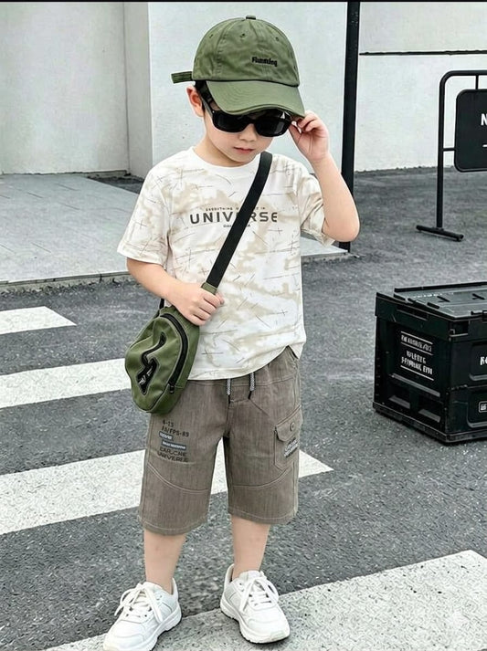 Boys 2-peice outfit set - White and Brown Graphic Tee and Cargo Shorts