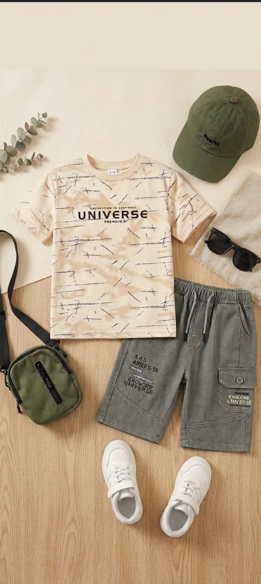 Boys 2-peice outfit set - White and yellow Graphic Tee and Cargo Shorts
