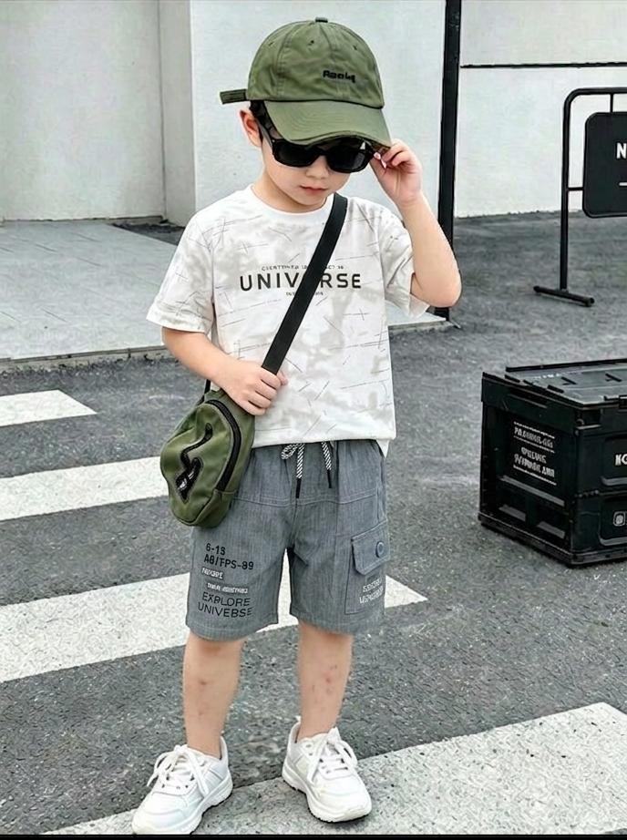 Boys 2-peice outfit set - White and grey Graphic Tee and Cargo Shorts