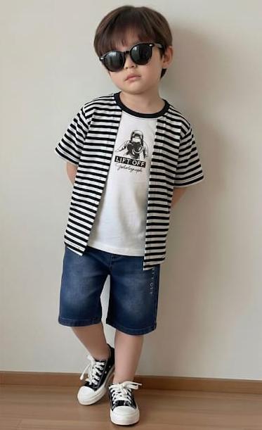 Boys' 2-Piece Outfit Set - Black and white Striped shirt with Denim Shorts