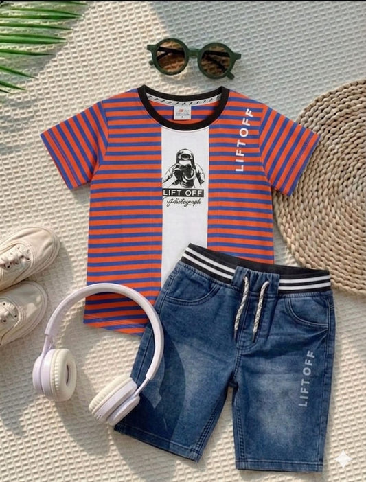 Boys' 2-Piece Outfit Set - Red and blue Striped shirt with Denim Shorts