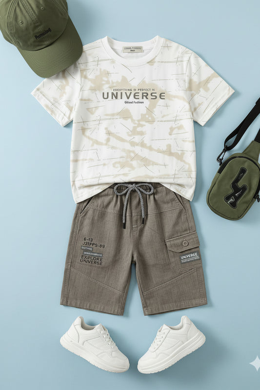Boys 2-peice outfit set - White and Brown Graphic Tee and Cargo Shorts