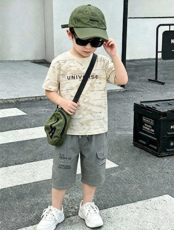 Boys 2-peice outfit set - White and yellow Graphic Tee and Cargo Shorts